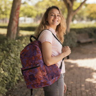 Modern Tropisch Blad Rood Paarse Monogram Ontwerp Bedrukte Rugzak