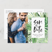 Modern tropisch blad script stijlvolle trouwfoto