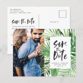 Modern tropisch blad script stijlvolle trouwfoto uitnodiging briefkaart