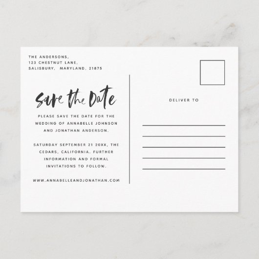 Modern tropisch blad script stijlvolle trouwfoto uitnodiging briefkaart (Achterkant)