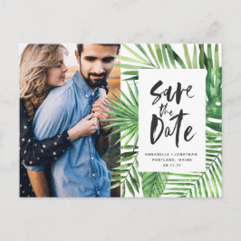 Modern tropisch blad script stijlvolle trouwfoto uitnodiging briefkaart