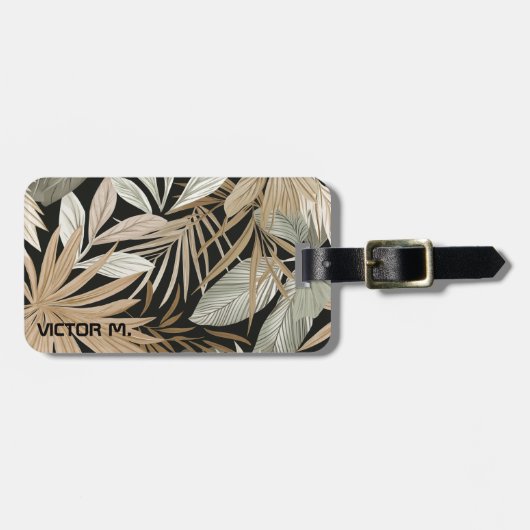 Modern Tropisch Blad Zwart & Goud Masculin Custom Bagagelabel (Voorkant horizontaal)