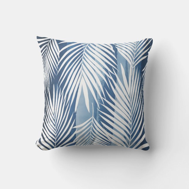 Modern tropisch blauw wit palmblad buitenkussen (Voorkant)