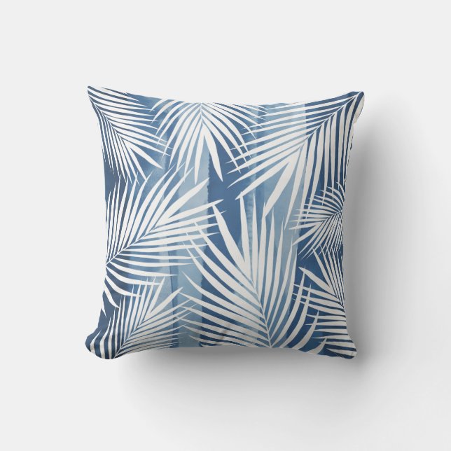 Modern tropisch blauw wit palmblad buitenkussen (Voorkant)