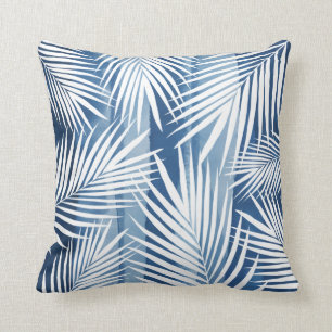 Modern tropisch blauw wit palmblad kussen