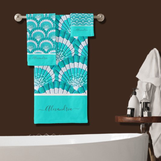 Modern Tropisch Blauwgroen Turquoise Aqua Seashell Bad Handdoek