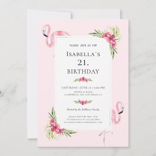 Modern Tropisch Bloemen Flamingo Verjaardagsfeest Kaart (Voorkant)