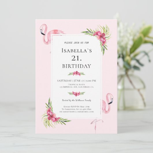 Modern Tropisch Bloemen Flamingo Verjaardagsfeest Kaart (Staand voorkant)