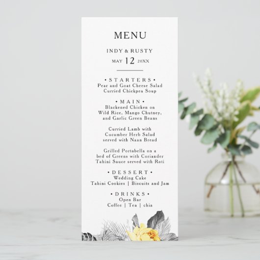 Modern Tropisch Bruiloft Diner Menu (Staand voorkant)