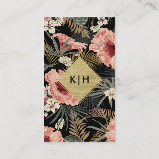 Modern tropisch Floral Gold Foil Monogram Visitekaartje (Achterkant)
