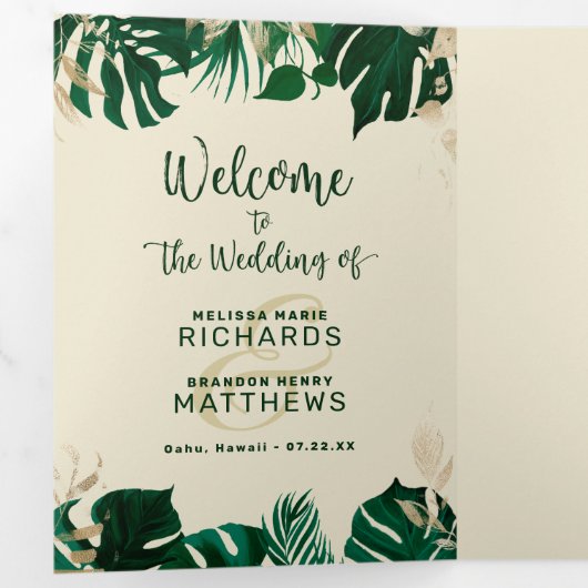 Modern Tropisch gebladerte met gouden huwelijkscer Drieluik Programma (Binnenzijde eerst)