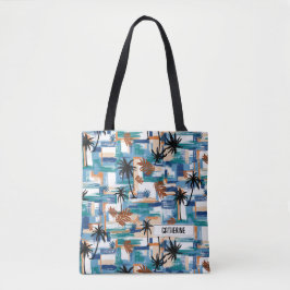 Modern Tropisch gecontroleerd patroon Blauw Monogr Tote Bag