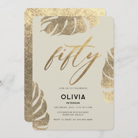 Modern Tropisch Goud Elegant Bladerwerk 50e Verjaa Kaart (Voorkant / Achterkant)