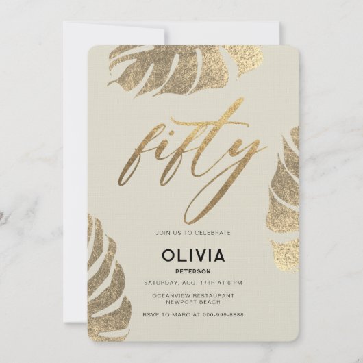 Modern Tropisch Goud Elegant Bladerwerk 50e Verjaa Kaart (Voorkant)