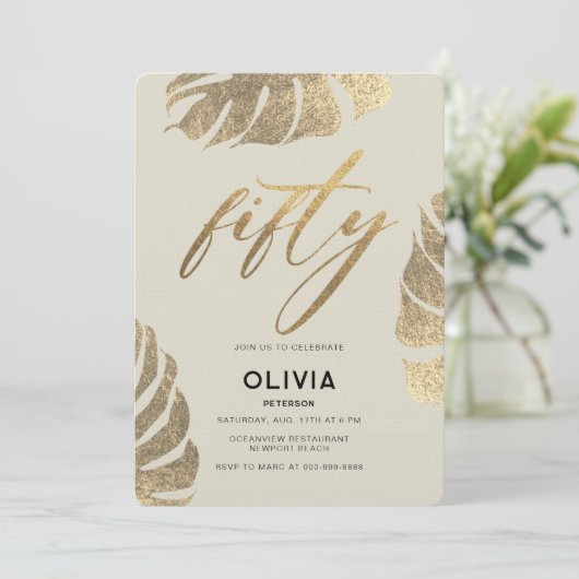 Modern Tropisch Goud Elegant Bladerwerk 50e Verjaa Kaart (Staand voorkant)