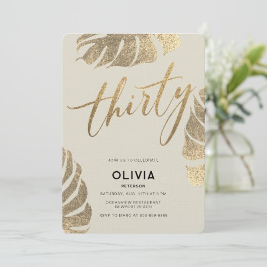 Modern Tropisch Goud Elegant Bladgroen 30e Verjaar Kaart (Staand voorkant)