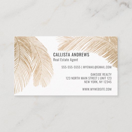 Modern Tropisch Goud Wit Palm Tree Leaf Visitekaartje (Achterkant)