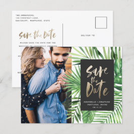 Modern tropisch gouden script stijlvolle trouwfoto uitnodiging briefkaart
