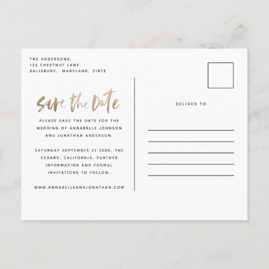 Modern tropisch gouden script stijlvolle trouwfoto uitnodiging briefkaart (Achterkant)