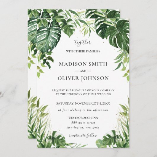 Modern tropisch groen blad tropen bruiloft kaart (Voorkant / Achterkant)