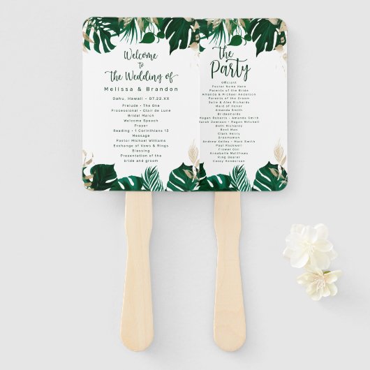 Modern Tropisch groen bruiloft ceremonie programma Handwaaier (Voorkant en achterkant)