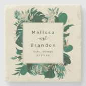 Modern tropisch groen donker blad ingelijst bruilo stenen onderzetter (Voorkant)