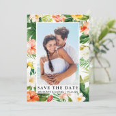 Modern tropisch koraal Floral foto Save The Date (Staand voorkant)