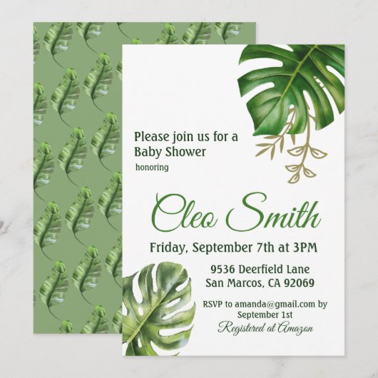 Modern tropisch lef Genderneutraal Baby shower Kaart (Voorkant / Achterkant)