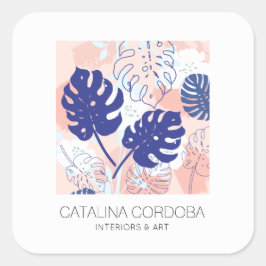 Modern Tropisch Monstera Blad Patroon Peach/Blauw Vierkante Sticker