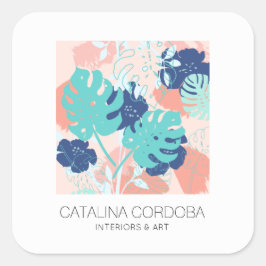 Modern Tropisch Monstera Blad Patroon Peach/Mint Vierkante Sticker