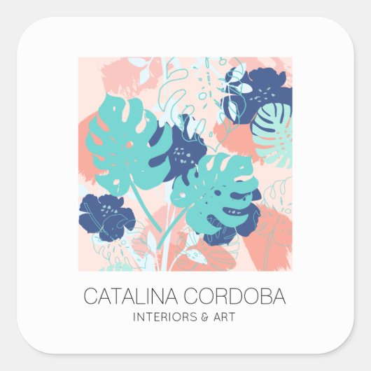 Modern Tropisch Monstera Blad Patroon Peach/Mint Vierkante Sticker (Voorkant)