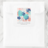 Modern Tropisch Monstera Blad Patroon Peach/Mint Vierkante Sticker (Tas)