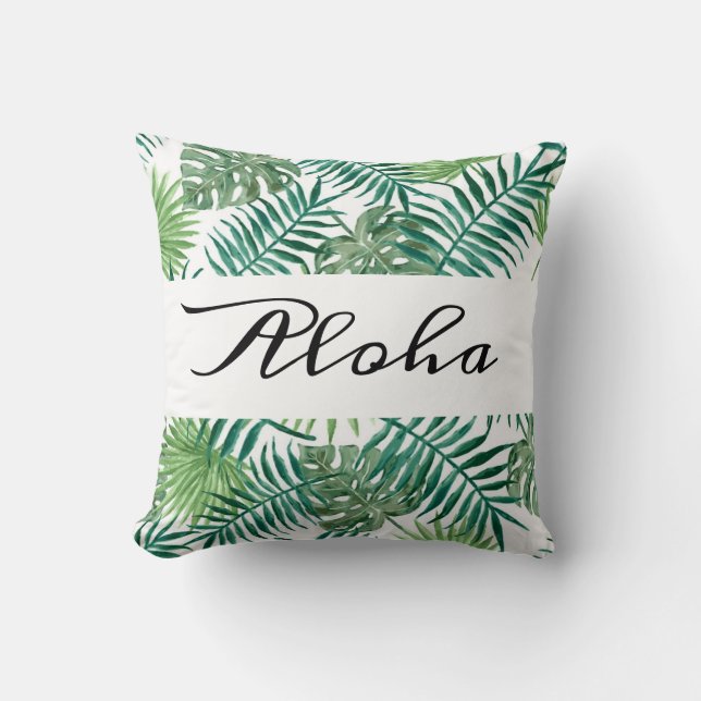 Modern tropisch palm laat groene Aloha over Kussen (Voorkant)