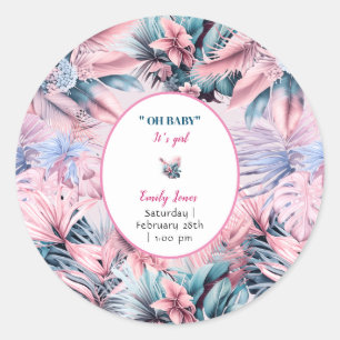 Modern tropisch pastel roze blauw oh baby shower ronde sticker