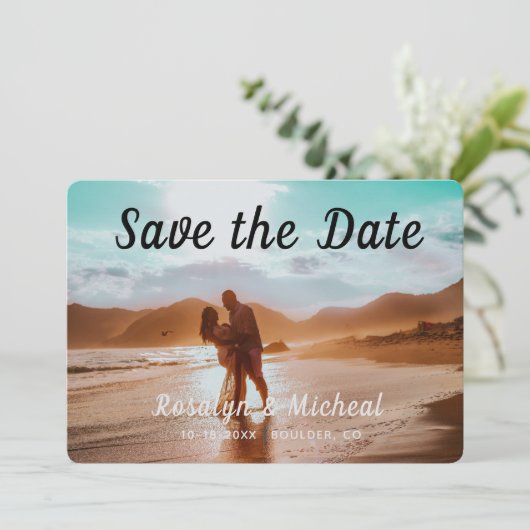 Modern Tropisch Romantisch Strand 3 Foto's van Paa Save The Date (Staand voorkant)
