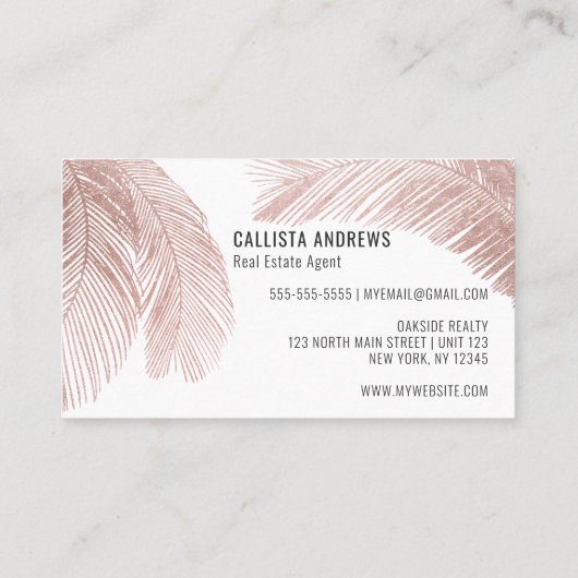 Modern Tropisch Roos Goud Wit Palmboom Blad Visitekaartje (Achterkant)