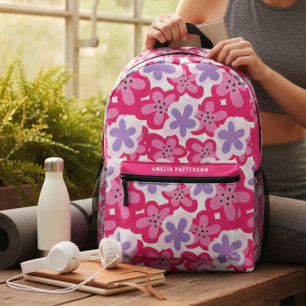 Modern Tropisch Roze Bloemen Gepersonaliseerde Naa Bedrukte Rugzak