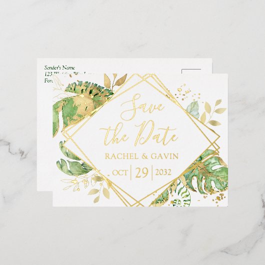 Modern tropisch sparen de Datum Folie Uitnodiging Briefkaart (Voorkant / Achterkant)