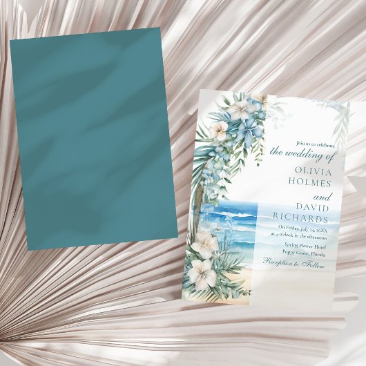 Modern Tropisch strand en Bloemenboog bruiloft Kaart