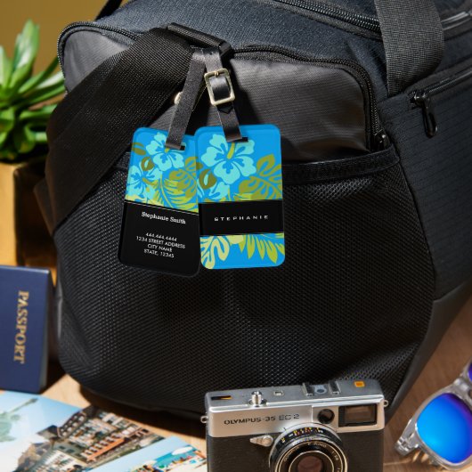 Modern tropisch strand hibiscus azure blauw bagagelabel (Voorkant /achterkant)