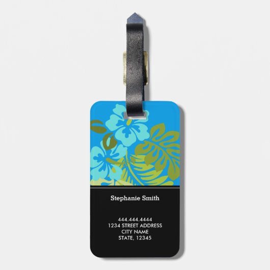 Modern tropisch strand hibiscus azure blauw bagagelabel (Achterkant verticaal)
