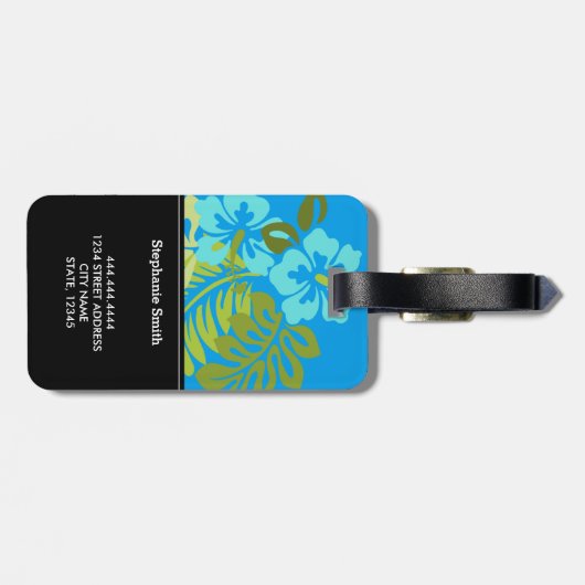 Modern tropisch strand hibiscus azure blauw bagagelabel (Achterkant horizontaal)