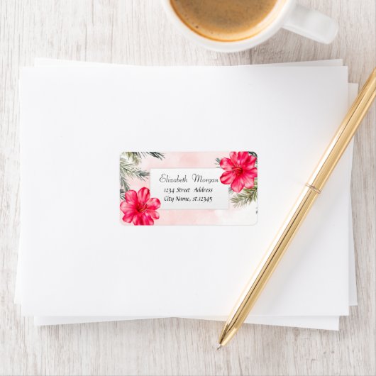 Modern tropisch strand, palmbladeren, Hibiscus Etiket (Insitu)