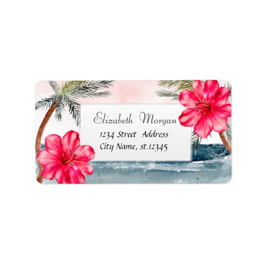 Modern tropisch strand, palmen, Hibiscus Etiket (Voorkant)