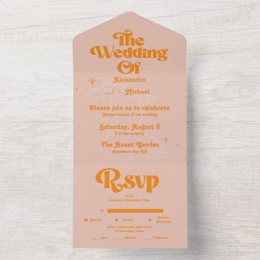 Modern Tropisch trillend Oranje huwelijk All In One Uitnodiging (Binnen)