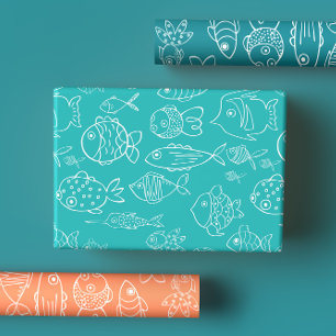 Modern Tropisch Turquoise & Koraal Vis Patroon Inpakpapier Vel