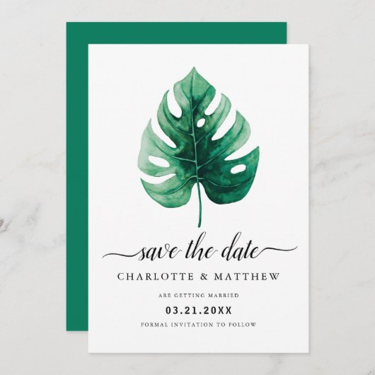 Modern Tropisch Waterverf Groen Monstera Leaf Save The Date (Voorkant / Achterkant)