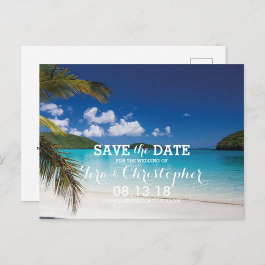 Modern Tropisch Zee Wedding Beach Bewaar de datum Aankondigingskaart (Voorkant / Achterkant)