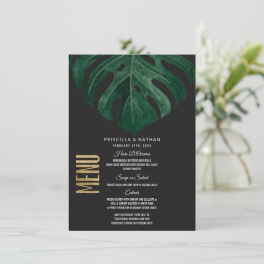 Modern Tropisch Zwitsers Kaasblad Goud Bruiloft Menu (Staand voorkant)