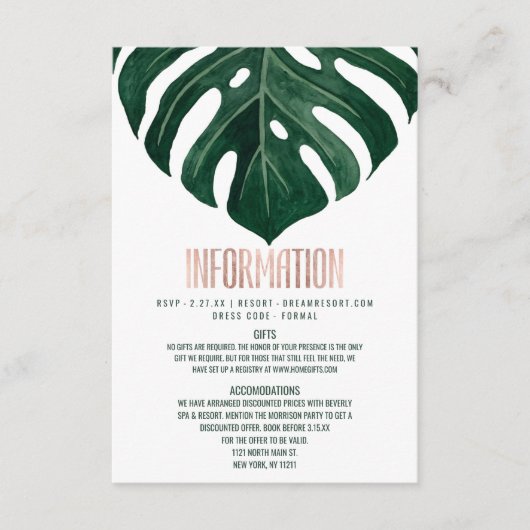 Modern Tropisch Zwitsers Kaasblad Roos Gouddetail Informatiekaartje (Voorkant)